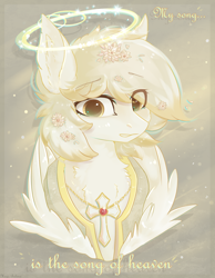 Size: 1212x1564 | Tagged: safe, artist:vitani, oc, oc only, angel, angel pony, original species, pony, bust, clothes, flower, flower in hair, halo, jewelry, necklace, portrait, rosary, solo