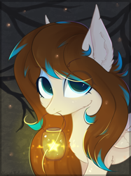 Size: 1388x1860 | Tagged: safe, artist:magicbalance, artist:vitani, oc, oc only, oc:amora bunny, pegasus, pony, chest fluff, commission, digital art, ear fluff, eye clipping through hair, female, folded wings, forest, lantern, looking at you, mare, mouth hold, signature, solo, wings, ych result