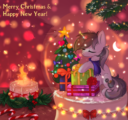 Size: 2140x2000 | Tagged: safe, artist:vitani, oc, oc only, pony, unicorn, candle, christmas, clothes, eyes closed, happy new year, holiday, horn, merry christmas, present, scarf, snow globe, solo