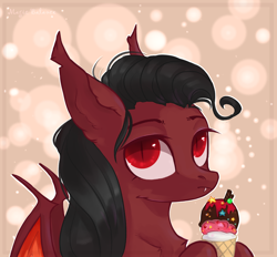 Size: 1344x1248 | Tagged: safe, artist:vitani, oc, oc only, bat pony, pony, abstract background, fangs, food, ice cream, slit pupils, solo