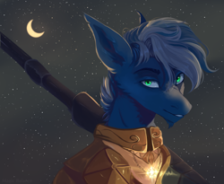 Size: 2436x2000 | Tagged: safe, artist:vitani, oc, oc only, pony, armor, crescent moon, facial hair, goatee, male, moon, night, night sky, sky, solo, stallion, weapon