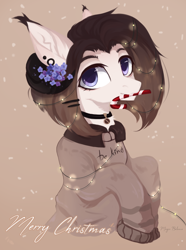 Size: 1488x2000 | Tagged: safe, artist:vitani, pony, candy, candy cane, christmas, clothes, collar, ear piercing, earring, female, flower, flower in hair, food, holiday, horns, jewelry, mare, merry christmas, mouth hold, piercing, solo, sweater