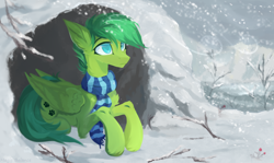 Size: 2592x1543 | Tagged: safe, artist:vitani, oc, oc only, pegasus, pony, cave, clothes, lying down, male, prone, scarf, snow, snowfall, solo, stallion