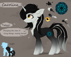 Size: 2508x2000 | Tagged: safe, artist:vitani, oc, oc only, oc:caroline, pony, unicorn, chest fluff, ear fluff, female, horn, mare, reference sheet, size comparison, solo