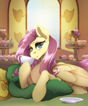 Size: 2000x2400 | Tagged: safe, artist:villiris, fluttershy, g4, cherry, cup, cupcake, dessert, folded wings, food, indoors, macaron, pillow, saucer, solo, teacup, throw pillow, window, wingding eyes, wings