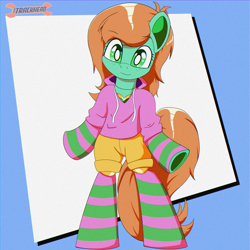 Size: 2000x2000 | Tagged: safe, artist:trackheadtherobopony, oc, oc:goldheart, pony, robot, robot pony, semi-anthro, clothes, hoodie, looking at you, socks