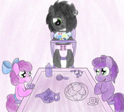 Size: 760x690 | Tagged: safe, artist:snowflakepone, oc, oc:cotton candy, oc:etheral darkness, oc:pinky shine, fanfic:playing house, abdl, annoyed, baby bottle, cookie, detailed background, diaper, diaper fetish, fetish, food, humiliation, pacifier, sitting, tea party, teapot