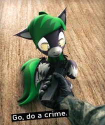 Size: 1378x1642 | Tagged: safe, artist:mister-karter, oc, oc only, bat pony, pony, clothes, crime, gloves, gun, hand, meme, military uniform, offscreen character, pov, tags needed, text, uniform, weapon