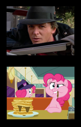 Size: 646x1018 | Tagged: safe, screencap, pinkie pie, earth pony, human, g4, my little pony: friendship is magic, the saddle row review, back to the future, fedora, hat, implied time travel, irl, irl human, marty mcfly, photo, solo