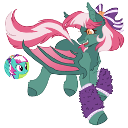 Size: 1000x1000 | Tagged: safe, artist:kazmuun, part of a set, spring step, sunlight spring, bat pony, pony, series:kazmuun's drawing every pony, g4, alternate coat color, alternate design, alternate eye color, bangs, bat ponified, blush lines, blushing, bobcut, bow, cheerleader, chest fluff, claws, clothes, colored, colored eyelashes, colored hooves, colored legs, colored lineart, colored pinnae, colored pupils, colored wings, countershading, cute, cute little fangs, ear fluff, ear tufts, eyebrows, eyebrows visible through hair, facial markings, fangs, female, fetlock tuft, flat colors, flowing mane, flowing tail, fluffy leg warmers, folded wings, golden eyes, gradient wings, green coat, green hooves, hair accessory, hair bow, heart, hock fluff, hooves, leg warmers, mane accessory, mare, mealy mouth (coat marking), open mouth, open smile, orange eyes, pink mane, pink tail, profile, race swap, red eyelashes, red pupils, redesign, running, screencap reference, short hair, short mane, shoulder fluff, signature, simple background, slit pupils, smiling, solo, straight mane, straight tail, tail, tall ears, transparent background, turned head, two toned mane, two toned tail, two toned wings, white text, wing claws, wings