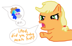 Size: 973x621 | Tagged: safe, artist:thevhsanddvrking, applejack, oc, oc:ipod, g4, hatless, missing accessory, stealing