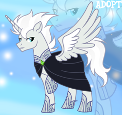 Size: 1280x1212 | Tagged: safe, artist:vi45, oc, oc only, alicorn, pony, adoptable, base used, blue eyes, cloak, clothes, colored wings, frown, gradient background, gradient mane, gradient tail, gray coat, hoof shoes, horn, long horn, long tail, looking back, male, male alicorn, male alicorn oc, male oc, narrowed eyes, peytral, princess shoes, raised hoof, silver mane, silver tail, solo, spiky mane, spread wings, stallion, stallion oc, standing, standing on three hooves, tail, two toned mane, two toned tail, two toned wings, unicorn horn, white mane, white tail, wings, zoom layer