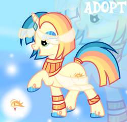 Size: 1280x1230 | Tagged: safe, artist:vi45, oc, oc only, pony, unicorn, adoptable, base used, blue eyeshadow, bobcut, bracelet, clothes, egyptian, egyptian headdress, egyptian pony, eyelashes, eyeshadow, female, female oc, gold jewelry, gradient background, green eyes, horn, jewelry, lidded eyes, makeup, mare, mare oc, multicolored mane, multicolored tail, open mouth, open smile, peytral, profile, raised hoof, sash, see-through, shiny hooves, short hair, short mane, silk, small horn, smiling, solo, sparkly eyeshadow, standing, standing on three hooves, straight mane, straight tail, tail, tail accessory, tail cuff, unicorn oc, unshorn fetlocks, yellow coat, zoom layer