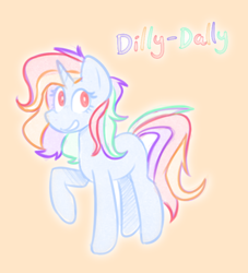 Size: 656x721 | Tagged: safe, artist:blex, oc, oc only, oc:dilly-dally, pony, unicorn, blank flank, colored, colored lineart, doodle, female, hatching (technique), horn, light blue coat, looking at you, magenta eyes, mare, multicolored hair, name, pastel, raised hoof, simple background, smiling, smiling at you, solo, three quarter view, yellow background