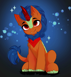 Size: 3807x4111 | Tagged: safe, alternate version, artist:empress-twilight, oc, oc only, oc:jack masters, kirin, bandana, blue mane, blue tail, cheek fluff, chest fluff, cloven hooves, colored hooves, colored pupils, commission, ear fluff, fangs, gradient background, gradient eyes, green hooves, high res, hooves, horn, kirin horn, kirin oc, leg fluff, leonine tail, male, male oc, neckerchief, red eyes, red pupils, shiny horn, shiny mane, shiny tail, shoulder fluff, sitting, solo, sparkles, stallion, tail, unshorn fetlocks, ych result