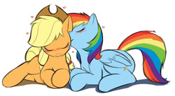 Size: 500x276 | Tagged: source needed, safe, artist:0r0ch1, artist:halley-valentine, edit, applejack, rainbow dash, earth pony, pegasus, pony, g4, applejack's hat, blushing, cowboy hat, duo, duo female, female, folded wings, hairband, hat, kissing, lesbian, ship:appledash, shipping, simple background, tail, tail band, white background, wings