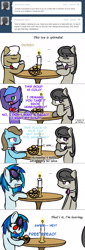 Size: 663x1947 | Tagged: safe, beauty brass, dj pon-3, frederic horseshoepin, octavia melody, parish nandermane, vinyl scratch, earth pony, pony, unicorn, g4, ask, bowtie, bread, candle, comic, date, female, food, horn, mare, soup, tea, tumblr, vinyl's glasses