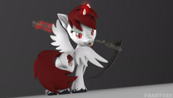 Size: 1920x1080 | Tagged: safe, artist:franzu5ik, oc, oc only, oc:bloorednightmarerose, alicorn, demon, pony, fangs, forked tongue, gradient background, looking at camera, magic, nose wrinkle, rear view, red hair, scythe, slit pupils, solo, spread wings, tail, wings