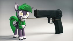 Size: 2560x1440 | Tagged: safe, artist:mister-karter, oc, oc only, oc:dagger strike, bat pony, pony, clothes, gradient background, gun, imminent death, imminent suicide, rope, scarf, slit pupils