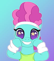 Size: 1589x1778 | Tagged: safe, artist:anonymousandrei, derpibooru exclusive, flashdancer, earth pony, pony, g4, clothes, female, gradient background, headband, mare, no pupils, outline, smiling, solo, starry eyes, white outline, wingding eyes