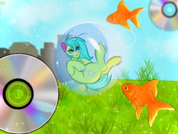 Size: 1600x1200 | Tagged: safe, artist:namelessplaza, oc, oc only, oc:starzie, alien, alien pony, fish, goldfish, aestetic, bubble, cd, cloud, female, field, frutiger aero, grass, grass field, open mouth, sky, solo, town