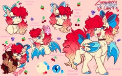 Size: 1918x1200 | Tagged: safe, artist:thehaywaiianhorse, oc, oc only, oc:bramble angel mele, oc:strawberry cakepop, bat pony, pony, bow, cheek fluff, cherry, duo, female, food, hair bow, knife, mare, reference sheet, strawberry, tail, tail bow