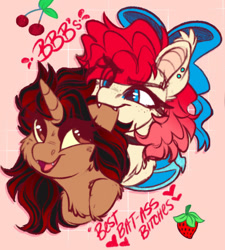 Size: 1280x1425 | Tagged: safe, artist:thehaywaiianhorse, oc, oc only, oc:bramble angel mele, oc:strawberry cakepop, bat pony, pony, unicorn, biting, bow, cheek fluff, cherry, duo, ear bite, female, food, hair bow, horn, mare, nom, strawberry