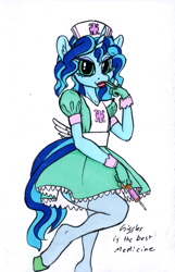 Size: 771x1200 | Tagged: safe, artist:sepiakeys, oc, oc:blue giggles, unicorn, anthro, unguligrade anthro, crossdressing, horn, male, nurse outfit, simple background, solo, white background