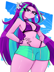 Size: 1500x2000 | Tagged: safe, artist:xan-gelx, aria blaze, human, equestria girls, g4, annoyed, belly, belly button, bikini, breasts, clothes, curvy, female, hand on hip, hourglass figure, looking at you, low angle, shorts, solo, swimsuit, wide hips