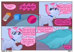 Size: 4960x3508 | Tagged: safe, artist:sweetielover, oc, pony, unicorn, comic:scales at school, g4, angry, baby bottle, balls, bed, bedroom, blanket, blocks, carpet, comic, dialogue, female, genitals, high res, horn, logo, nudity, school, solo, toy, webcomic