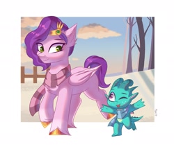 Size: 2200x1862 | Tagged: safe, artist:maxi_ponie, pipp petals, sparky sparkeroni, dragon, pegasus, pony, g5, adorapipp, auntie pipp, baby, baby dragon, clothes, cute, duo, duo male and female, female, male, mare, outdoors, passepartout, scarf, snow, sparkybetes, winter