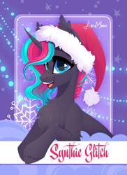 Size: 1739x2388 | Tagged: safe, artist:alrumoon_art, oc, oc only, oc:synthie glitch, bat pony, bat pony unicorn, hybrid, unicorn, abstract background, blue eyes, chest fluff, christmas, ear tufts, female, halfbody, hat, holiday, horn, mare, new year, santa hat, smiling, solo, starry eyes, trading card, wingding eyes