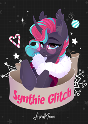 Size: 1688x2388 | Tagged: safe, artist:alrumoon_art, oc, oc only, oc:synthie glitch, bat pony, bat pony unicorn, hybrid, unicorn, abstract background, blue eyes, candy, candy cane, christmas, cute, cute little fangs, ear fluff, ear tufts, fangs, female, food, fur coat, fur collar, glasses, halfbody, holiday, horn, mare, new year, smiling, solo, starry eyes, wingding eyes