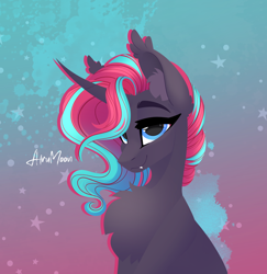 Size: 2032x2090 | Tagged: safe, artist:alrumoon_art, oc, oc only, oc:synthie glitch, bat pony, bat pony unicorn, hybrid, unicorn, abstract background, blue eyes, chest fluff, cute, cute little fangs, ear fluff, ear tufts, fangs, female, halfbody, horn, mare, smiling, solo