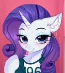 Size: 1071x1200 | Tagged: safe, artist:pesty_skillengton, rarity, pony, unicorn, g4, blushing, cheek fluff, chest fluff, clothes, ear fluff, ear piercing, earring, eyeshadow, female, horn, jacket, jewelry, looking at you, makeup, mare, piercing, smiling, smiling at you, solo, squid game, squid game 2