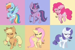 Size: 2000x1333 | Tagged: safe, artist:_inlaru_, artist:inlaru, applejack, fluttershy, pinkie pie, rainbow dash, rarity, twilight sparkle, pegasus, pony, g4, absurd resolution, chibi, colored, cute, digital art, eyes closed, feather, female, flat colors, full color, happy, horn, horns, mane six, mare, pegasus wings, rainbow, simple background, solo, wings