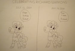 Size: 3318x2255 | Tagged: safe, anonymous artist, derpibooru exclusive, pinkie pie, earth pony, pony, g4, 2025, awesome, bipedal, crying, exercise, exercising, great, happy, in memoriam, mourning, rest in peace, richard simmons, sad, smiling, tears of sadness, teary eyes, traditional art, tribute