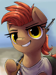 Size: 3234x4352 | Tagged: safe, artist:uteuk, oc, oc only, oc:prairie fire, earth pony, pony, equestria at war mod, bust, clothes, digital art, earth pony oc, female, general, gun, high res, looking at camera, looking at you, mare, mercenary, new characters for equestria at war, new characters for equestria at war mod, outdoors, portrait, raised hoof, rifle, shirt, smiling, smiling at you, solo, weapon