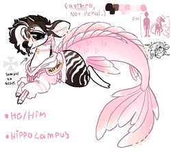 Size: 899x800 | Tagged: safe, artist:octanez, oc, oc only, hippocampus, merpony, okapi, pony, anthro, experiment, female to male, fins, fish tail, male to female, mermaid tail, reference sheet, rule 63, tail, transgender, white back