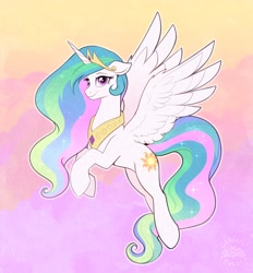 Size: 3108x3356 | Tagged: safe, artist:confetticakez, princess celestia, alicorn, pony, g4, crown, ethereal mane, ethereal tail, female, floppy ears, flying, high res, jewelry, mare, regalia, signature, smiling, solo, spread wings, tail, wings