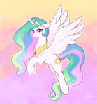 Size: 3108x3356 | Tagged: safe, artist:confetticakez, princess celestia, alicorn, pony, g4, crown, ethereal mane, ethereal tail, female, floppy ears, flying, jewelry, mare, regalia, smiling, spread wings, tail, wings