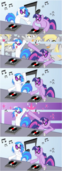 Size: 855x2352 | Tagged: artist needed, safe, derpy hooves, dj pon-3, twilight sparkle, vinyl scratch, pegasus, pony, unicorn, g4, female, horn, mare, music notes, parody, rhythm heaven, sunglasses, trio, trio female, turntable, unicorn twilight, vinyl's glasses