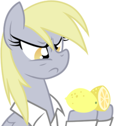 Size: 394x433 | Tagged: safe, artist:equestria-prevails, derpy hooves, pegasus, pony, g4, derpy hooves is not amused, female, fill error, food, lemon, mare, simple background, solo, transparent background, unamused