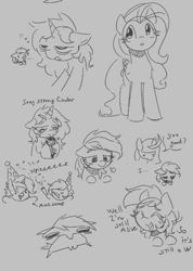 Size: 672x943 | Tagged: safe, artist:morningbullet, fluttershy, oc, earth pony, pegasus, pony, unicorn, g4, dialogue, female, floppy ears, frown, grayscale, hat, horn, lidded eyes, mare, monochrome, party hat, party horn, sketch, sketch dump