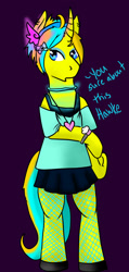 Size: 720x1512 | Tagged: safe, artist:dreamsdoodles, oc, oc only, oc:dream baker, pony, unicorn, semi-anthro, bipedal, bow, clothes, ear piercing, female, fishnet clothing, fishnet stockings, horn, jewelry, mare, necklace, piercing, skirt, solo, stockings, thigh highs, unicorn oc, watch