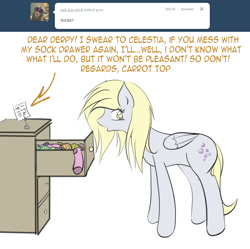 Size: 871x869 | Tagged: safe, artist:v-invidia, part of a set, derpy hooves, pegasus, pony, g4, ask, clothes, dresser, female, indoors, socks, solo, text, tumblr, wings