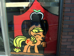 Size: 1000x750 | Tagged: safe, applejack, earth pony, g4, applejack's hat, barn, cowboy hat, female, hat, irl, paint, photo, raised hoof, sae, solo, solo female, window