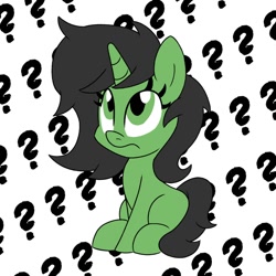 Size: 1000x1000 | Tagged: safe, artist:unitxxvii, oc, oc only, oc:filly anon, pony, unicorn, female, filly, foal, frown, horn, looking up, patterned background, question mark, sitting, solo