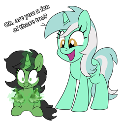 Size: 900x900 | Tagged: safe, artist:unitxxvii, lyra heartstrings, oc, oc:filly anon, pony, unicorn, g4, dialogue, duo, duo female, female, filly, foal, glowing, glowing horn, hand, horn, magic, magic hands, mare, open mouth, open smile, simple background, sitting, smiling, white background