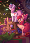 Size: 2480x3508 | Tagged: safe, artist:sparkling_light, apple bloom, scootaloo, sweetie belle, pegasus, pony, unicorn, g4, my little pony: friendship is magic, apple bloom's bow, bow, christmas, christmas decoration, christmas lights, christmas tree, cutie mark crusaders, dock, female, glowing, glowing horn, hair bow, happy, holiday, horn, indoors, magic, mare, mouth hold, open mouth, open smile, present, raised hoof, ribbon, smiling, spread wings, stepladder, tail, telekinesis, the cmc's cutie marks, tree, trio, trio female, underhoof, wings